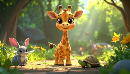 Animated giraffe, bunny, and turtle in a sunny forest clearing