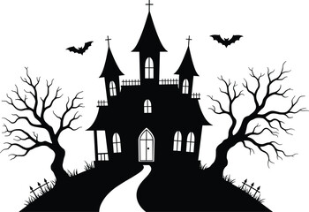 Spooky haunted house with path, creepy trees, and flying bats – Halloween vector silhouette perfect for posters, cards, and decorations.