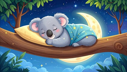 Sleeping koala, blanket-clad, rests on a branch with the moon behind it at night