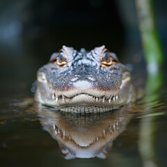 Obraz premium Fierce alligator lurking in water, showcasing its sharp teeth and reflective surface