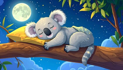 Cartoon koala sleeping on a branch, under a bright moon, nestled on a yellow pillow