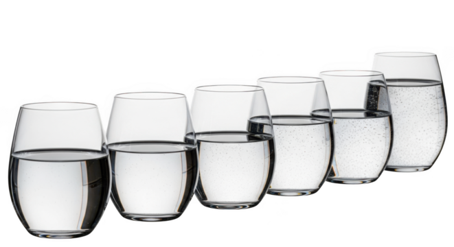 A collection of clear glass tumblers arranged in a staggered formation isolated on transparent background