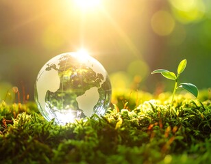 A glass globe of Earth resting on moss, bathed in sunlight