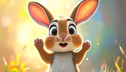 Cartoon bunny with arms raised, orange fur, brown highlights, and long ears, on a sunny meadow