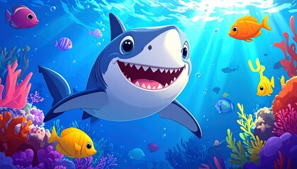 Happy cartoon shark swims underwater with colorful coral and friendly fish in clear blue sea