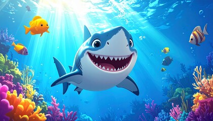 Cheerful cartoon shark swims in sunlit ocean among colorful fish and coral reef