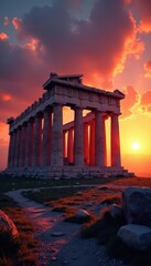 Obraz premium Ancient Greek Parthenon standing alone at sunset, sunset, mythology