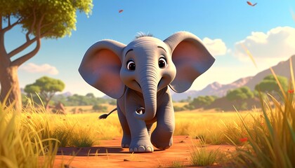 Adorable cartoon baby elephant happily walking in tall, dry grass