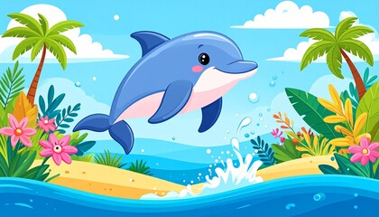 Cartoon dolphin leaps from sea. Palm trees, flowers decorate sandy beach. Sky background