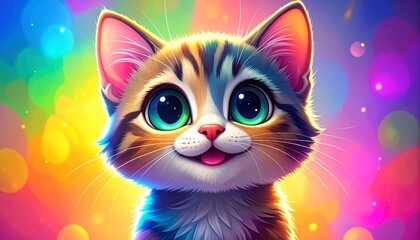 Cartoonish close-up of a wide-eyed, smiling tabby cat with a multicolored bokeh background