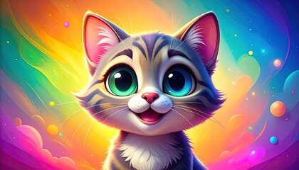 Wide-eyed cartoon cat with stripes, pink ears, vibrant rainbow background with bubbles