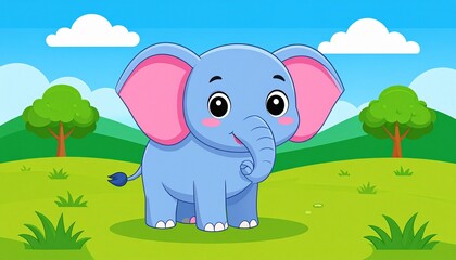 Cartoon blue elephant with pink ears stands in a green field under blue sky
