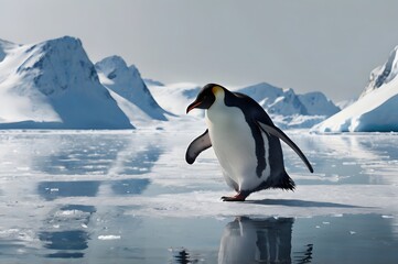 Obraz premium Penguin Walking on Ice in Antarctic Landscape with Snowy Mountains