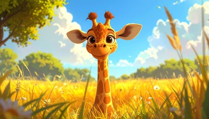 Giraffe cartoon character, big eyes, centered in sunny, grassy field