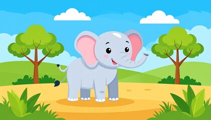 Cartoon elephant in a grassy field under a bright sky with fluffy clouds and trees