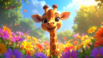 Animated giraffe with big eyes smiles in a colorful flower meadow against a blue, sunny sky