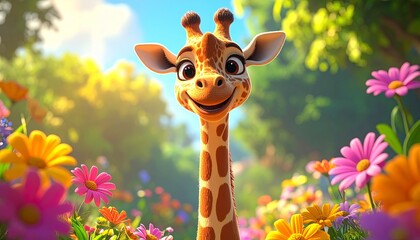 Cheerful cartoon giraffe with big eyes smiles from a bright field of colorful flowers against a sunny sky