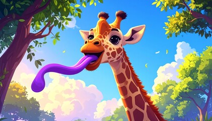 Cheerful giraffe with purple tongue in a lush, leafy, sunny landscape against a blue sky