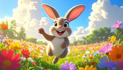 Cheerful rabbit frolics in a vibrant flower field under a sunny, partly cloudy sky