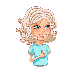 Female person shows like gesture, isolated on white background. Vector illustration.