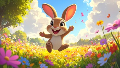 Cheerful rabbit jumps in a sunlit meadow full of colorful flowers under a blue sky