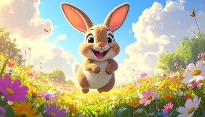 Animated rabbit jumps joyfully above a flower-filled meadow under a sunny, cloudy blue sky