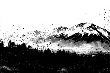 Snowy mountain range, textured, black and white
