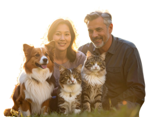 a family with two dogs and one cat.