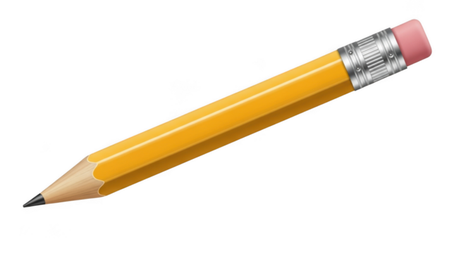 A classic yellow hexagonal pencil with a pink eraser and silver ferrule isolated on transparent background