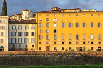 Orpiment yellow-painted Palazzo Tempi Palace and other buildings on Piazza Santa Maria Soprarno Square, south bank of the Arno. Florence-Tuscany-336