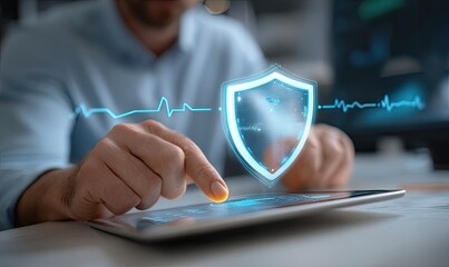 Person interacts with a digital shield graphic on a tablet, suggesting security and protection