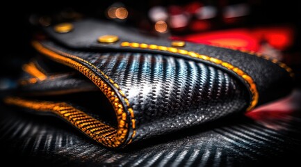 Close-up of black carbon fiber material with gold stitching