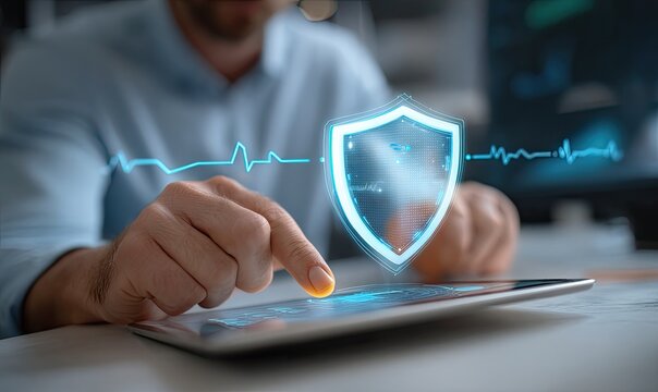 Person interacts with a digital shield graphic on a tablet, suggesting security and protection