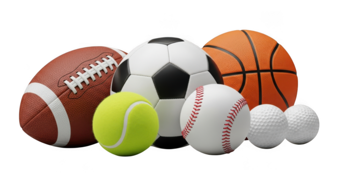 Collection of various sports balls including football basketball soccer baseball and tennis isolated on transparent background