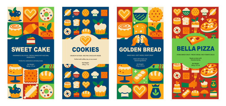 Retro geometrical Bakery Labels Set. Cake, Pizza, Bread, Cookies