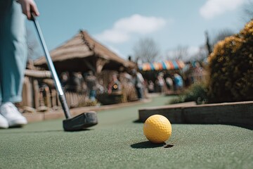 Miniature golf, person with putter, yellow ball