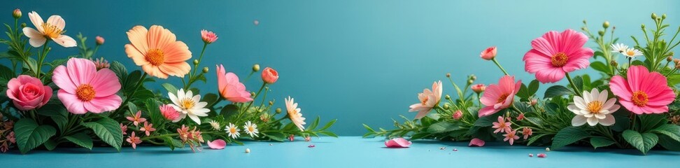 Blooming flowers in a serene garden on a solid blue ground, floral arrangement, calm, nature