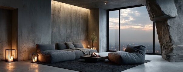 Fototapeta premium Modern minimalist living room with large windows and urban landscape view