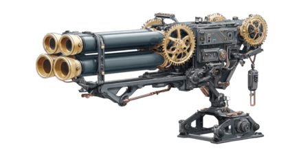 Steampunk weapon with multiple barrels, intricate gears, and brass accents