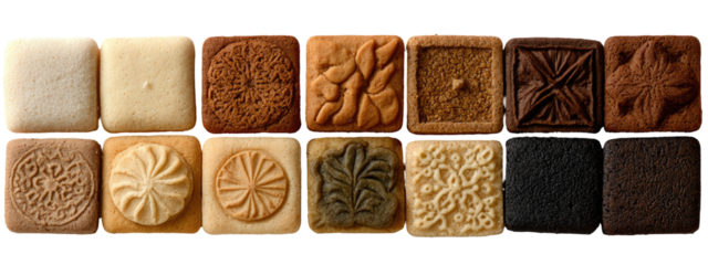 Variety of square-shaped baked goods with embossed designs