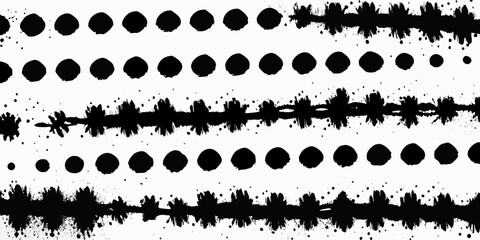 Abstract black ink splashes and dotted lines arranged in horizontal rows on a white background