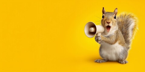 Squirrel holds megaphone before yellow background,concept of animal advertising,marketing,business