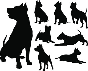 Collection of Pitbull Dog Silhouettes in Various Poses on White Background canine animal