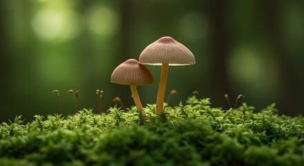 Two Mushrooms on Moss in Forest