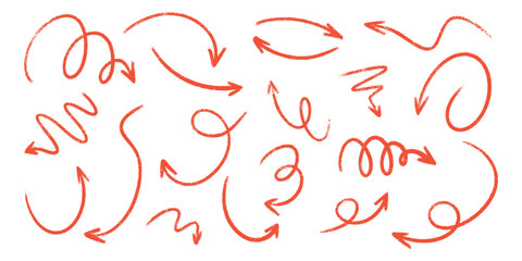 Crayon arrow set with hand drawn curved lines and directional pointers for navigation or workflow design. Red sketchy marks of spirals, loops, wavy paths and circular shapes. Playful doodle elements
