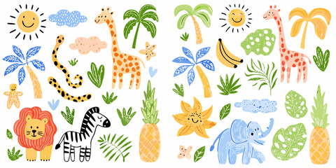 Cute cartoon jungle animals and tropical elements in a whimsical hand drawn style © Juel