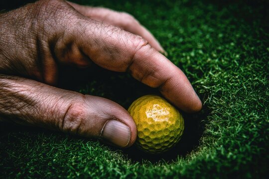 Close-up of a hand placing a golf ball in a hole - Powered by Adobe