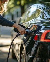 Naklejka premium Woman conveniently charges electric car at home embracing sustainable modern lifestyle and green energy future outdoors, Generative AI.