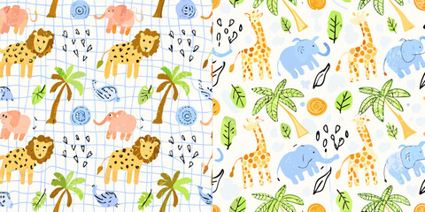 Cute hand drawn safari animals and tropical leaves seamless pattern for kids © Juel