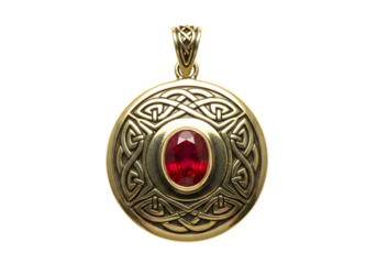 A gold pendant showcasing intricate Celtic knotwork and a vibrant ruby gemstone.